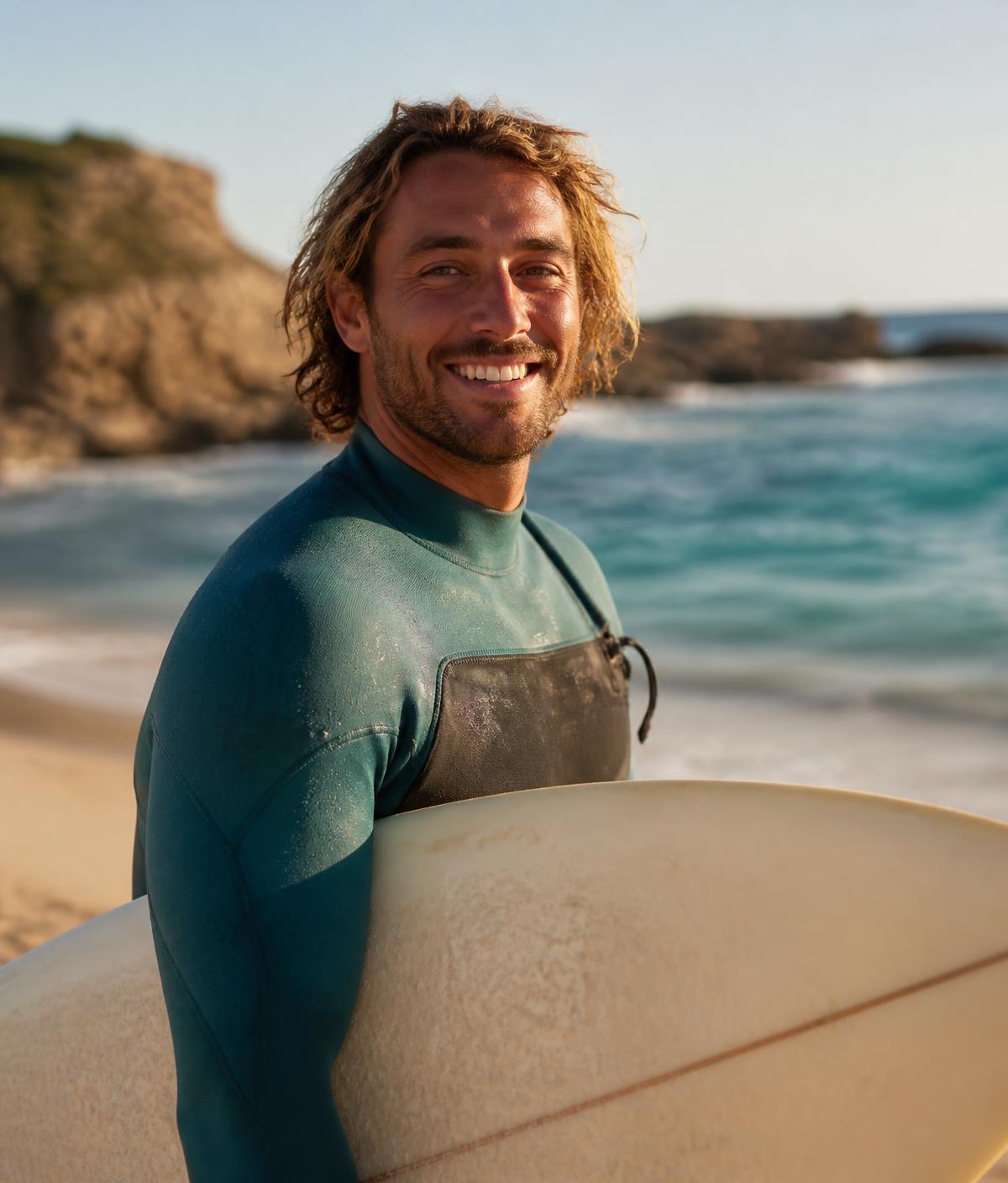 Surf instructor in a teal wetsuit holding a cream longboard on the beach